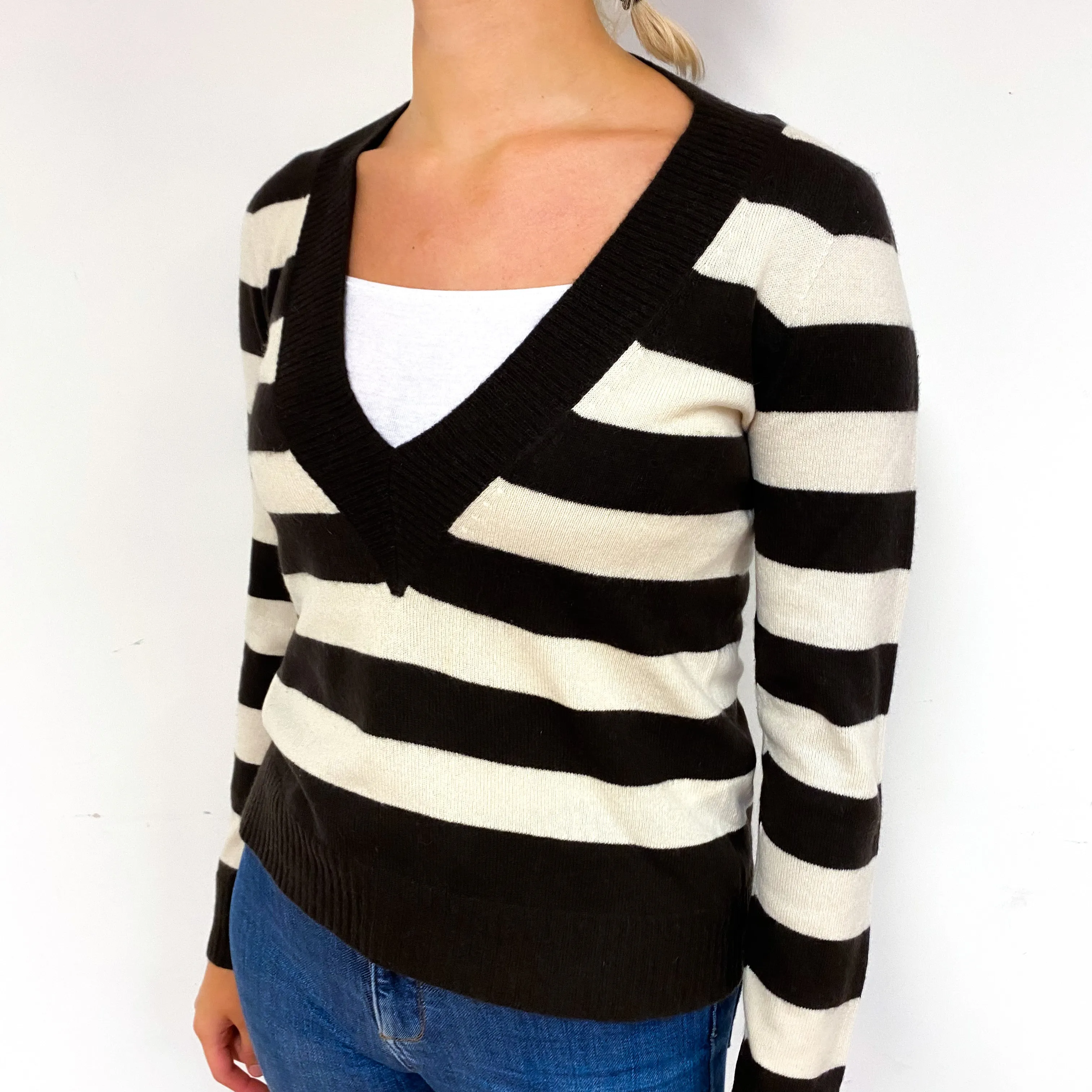 Brown Cream Stripe Cashmere Low V-Neck Jumper Small