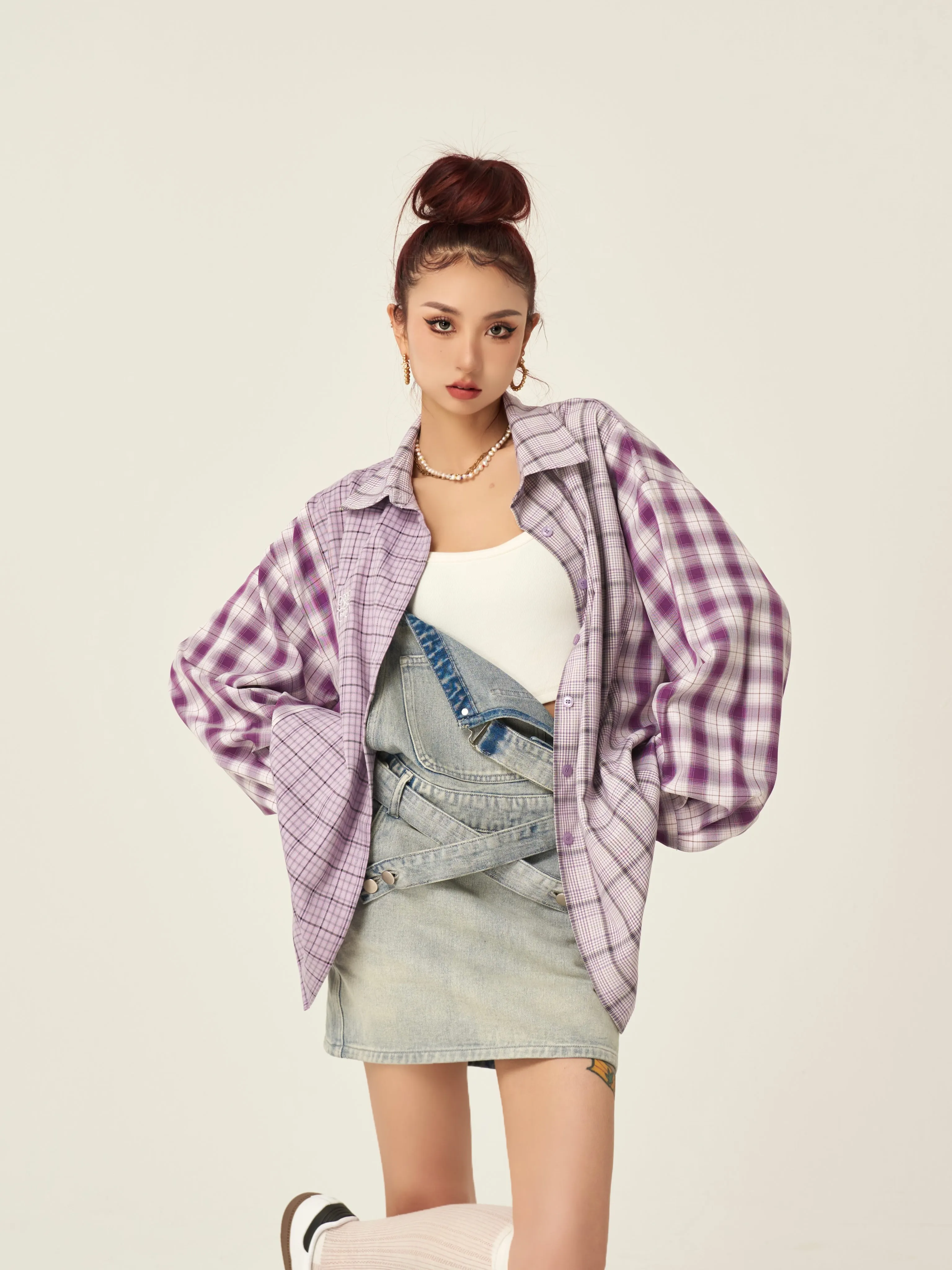 Camila Purple Plaid Long Sleeve Button Up Boyfriend Shirt Top