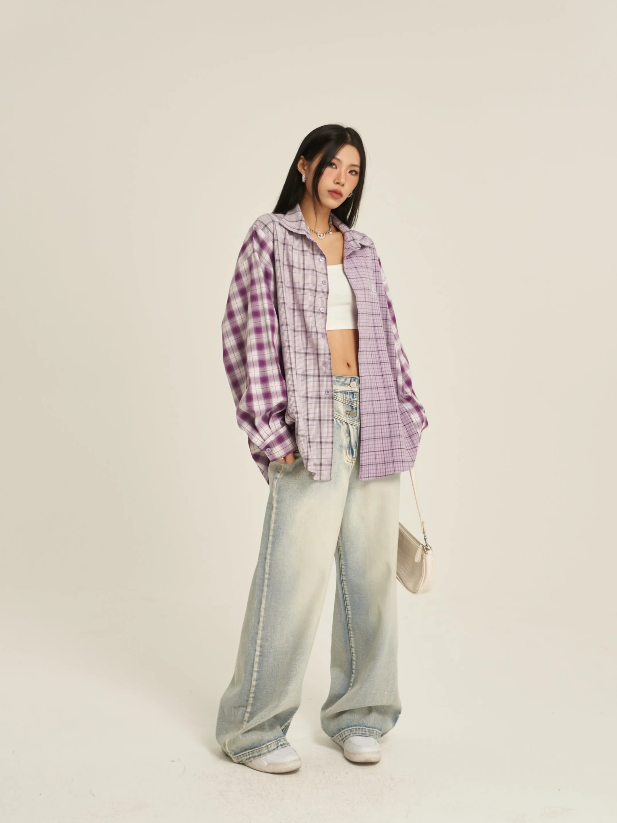 Camila Purple Plaid Long Sleeve Button Up Boyfriend Shirt Top