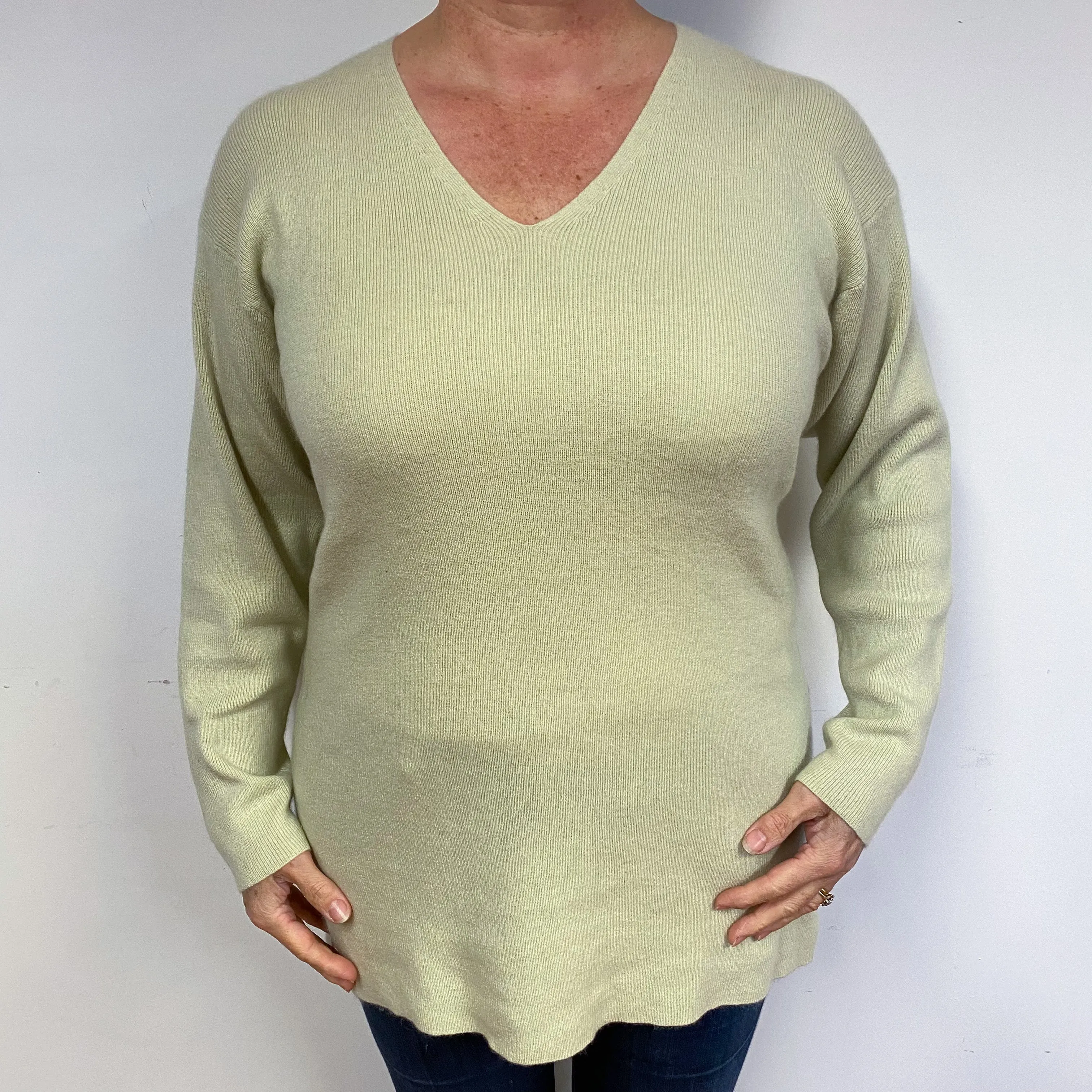 Celery Green Cashmere V-Neck Jumper Large