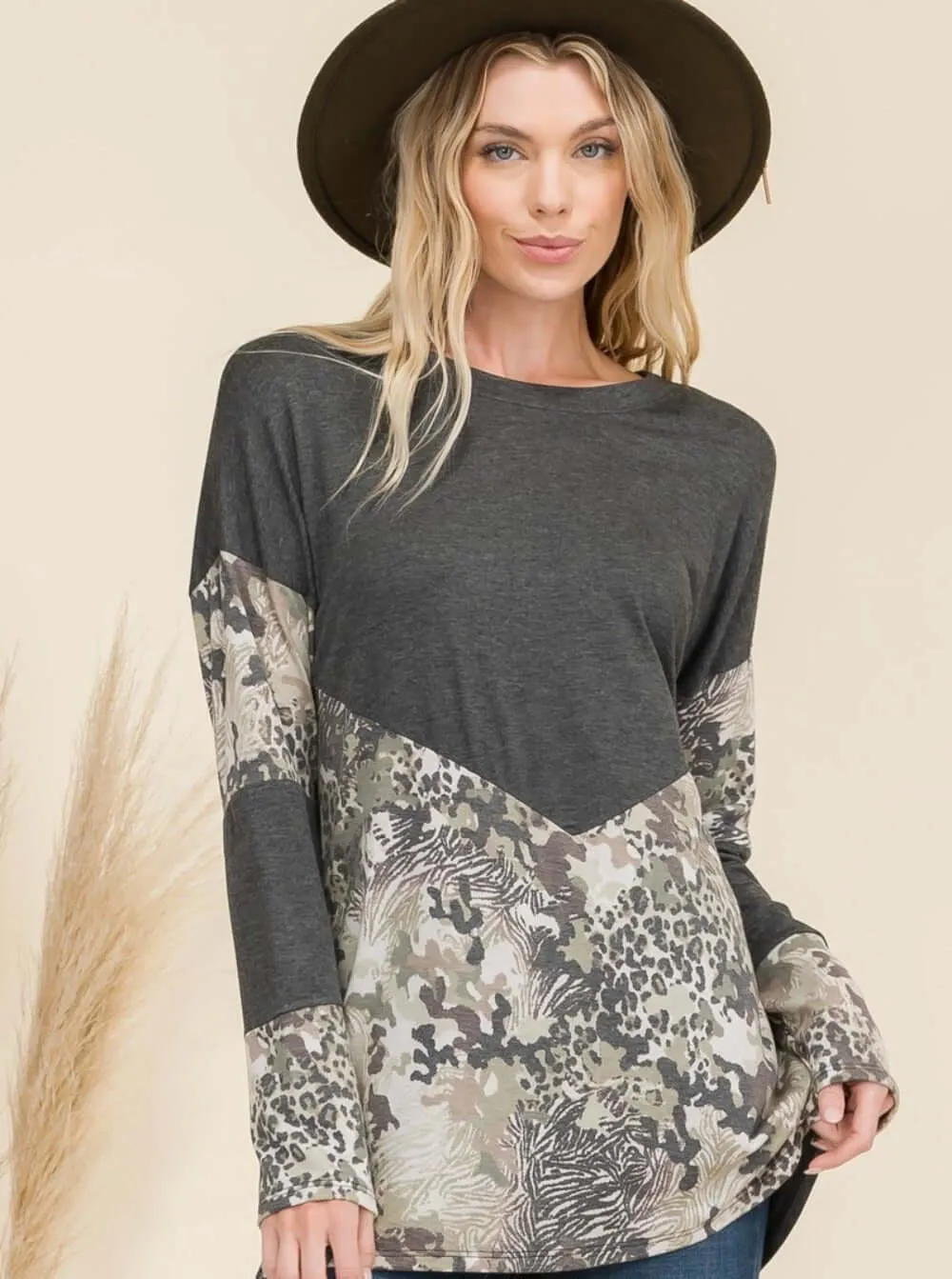 Celeste Full Size Mixed Animal Print Contrast Long Sleeve T-Shirt