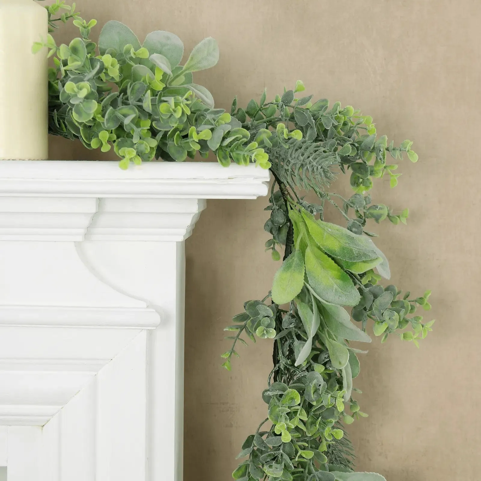 Christmas Garland Pale Green Frosted Foliage Mixed Leaves 2.7m 9ft