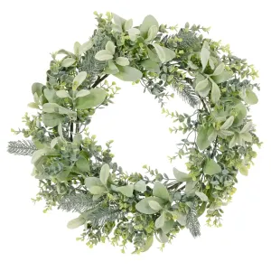 Christmas Wreath Pale Green Frosted Foliage Mixed Leaves 60cm