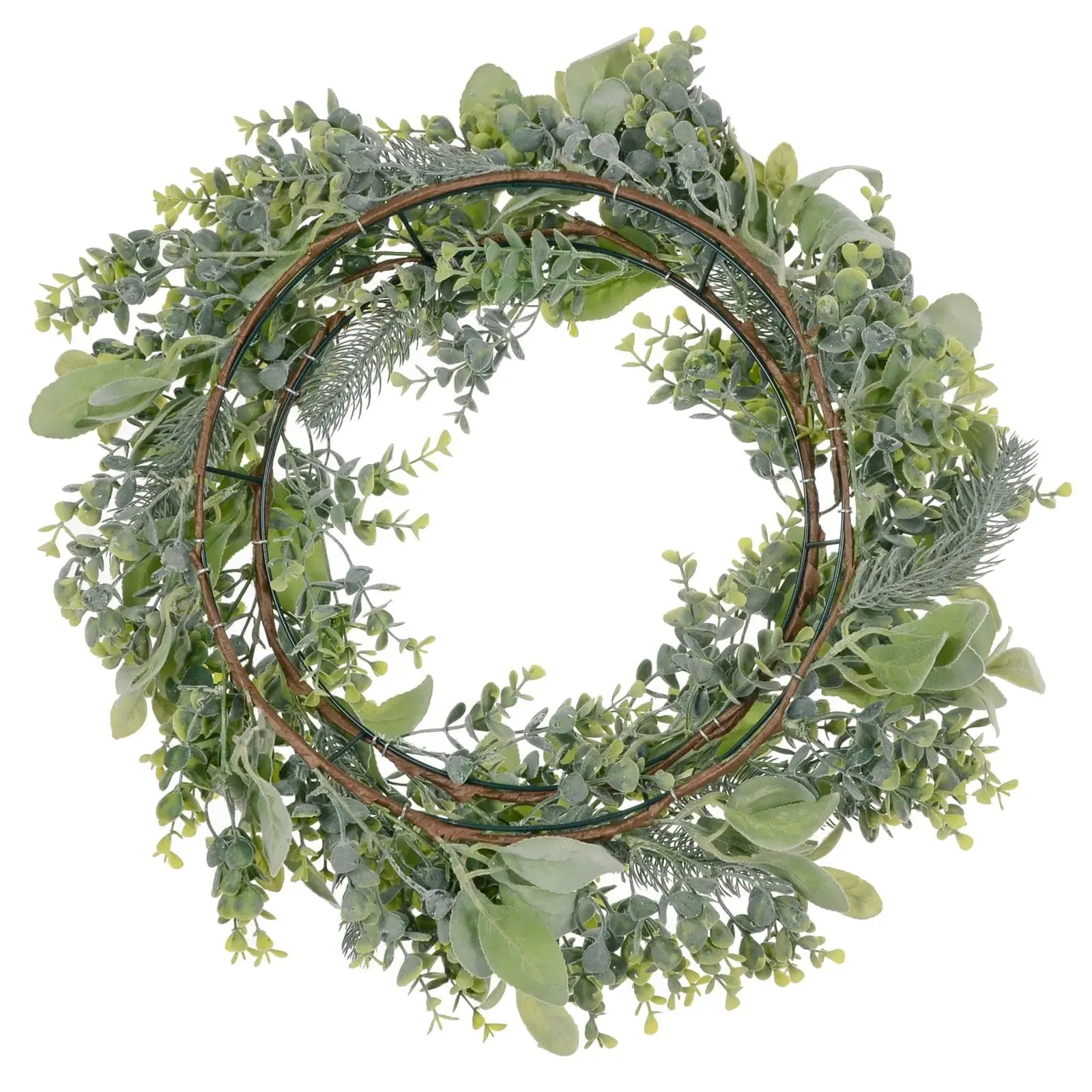 Christmas Wreath Pale Green Frosted Foliage Mixed Leaves 60cm