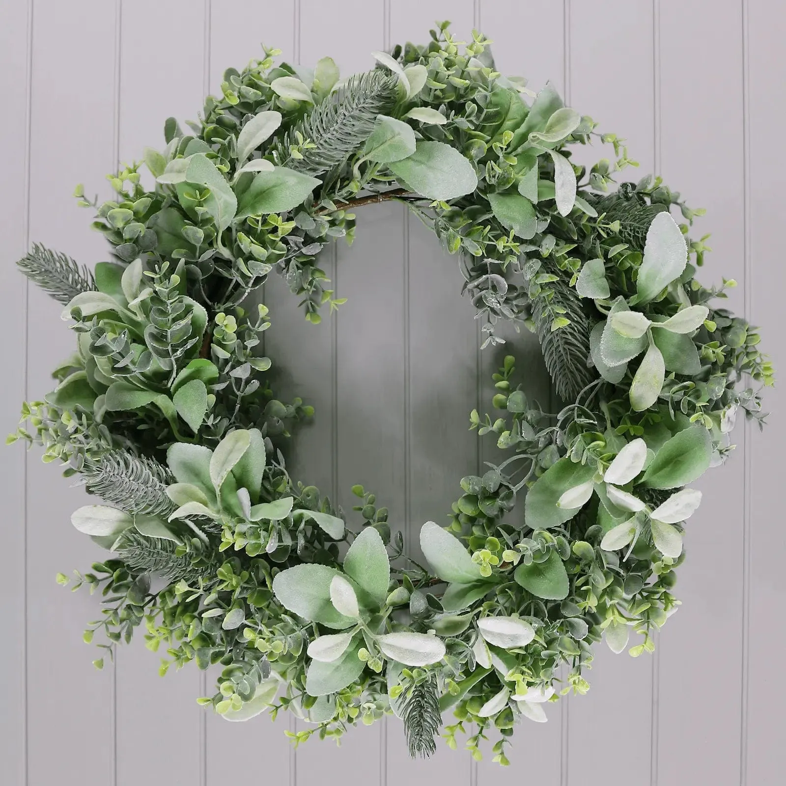Christmas Wreath Pale Green Frosted Foliage Mixed Leaves 60cm