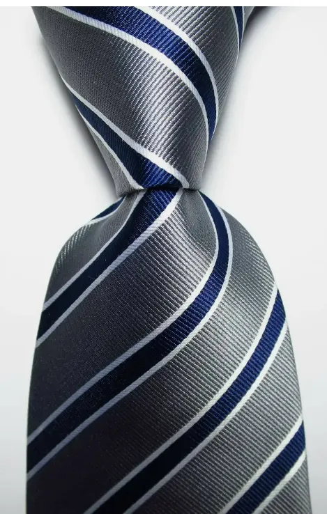 Classic Striped Gray Blue White JACQUARD WOVEN Silk Men's Tie Necktie