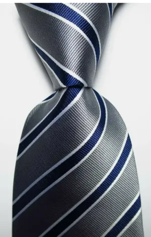 Classic Striped Gray Blue White JACQUARD WOVEN Silk Men's Tie Necktie