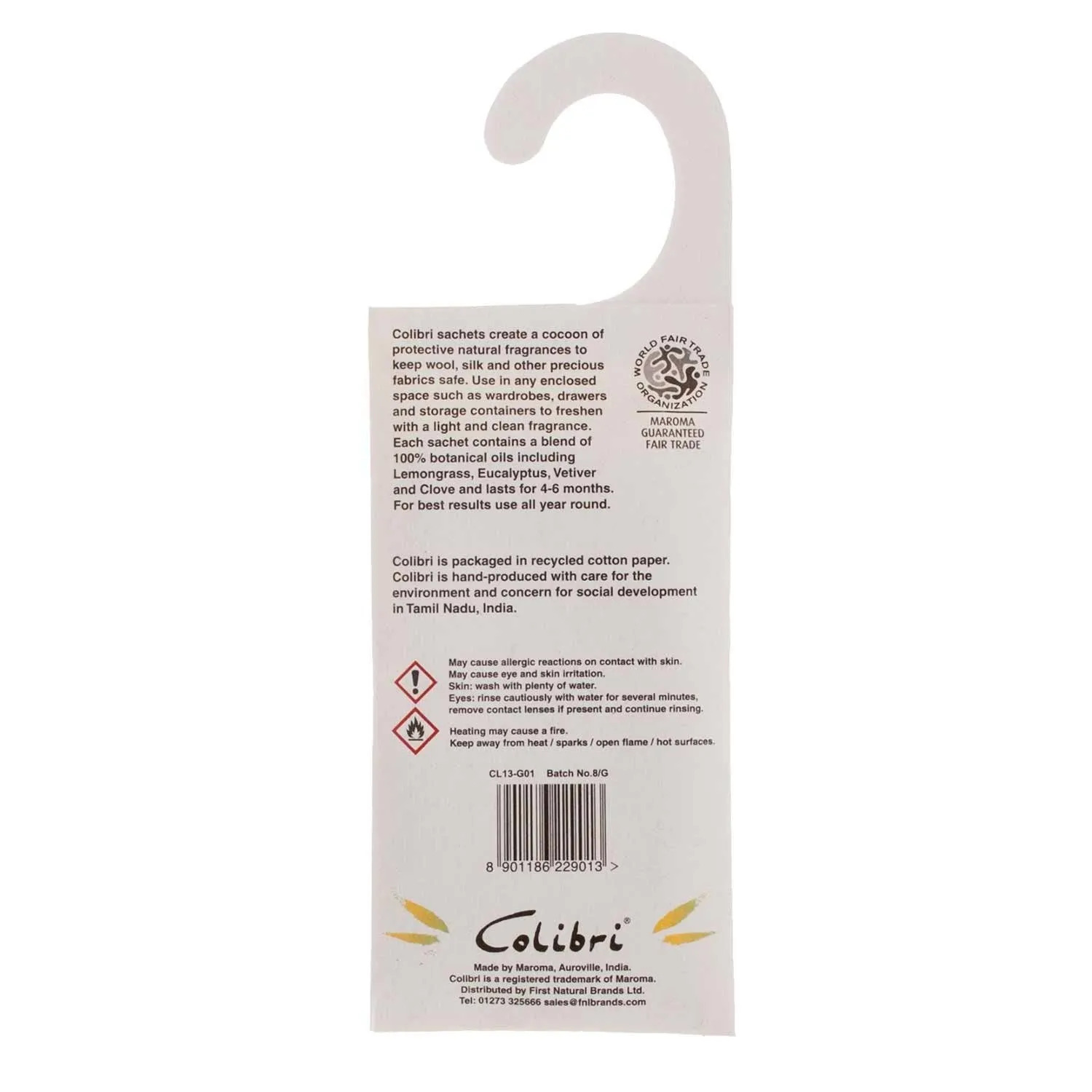 Colibri Natural Anti-Moth Hanging Wardrobe Sachet in Lemongrass