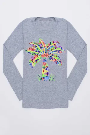 Colorful Palm Cute Grey Long Sleeve Tee - Girls