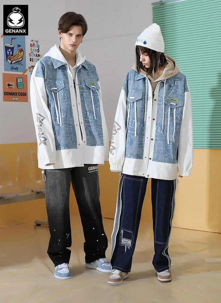 Contrast Color Graffiti Letter Print Trim Tape Faux Two-Piece Jacket