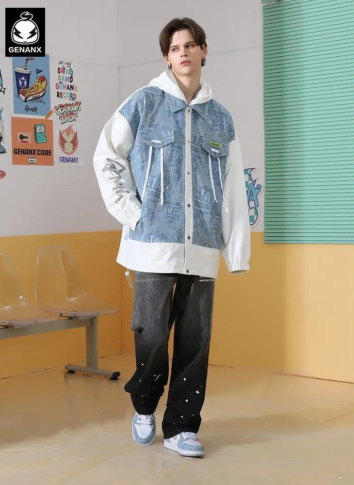 Contrast Color Graffiti Letter Print Trim Tape Faux Two-Piece Jacket