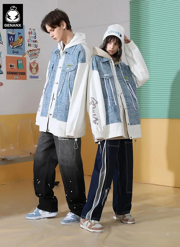 Contrast Color Graffiti Letter Print Trim Tape Faux Two-Piece Jacket