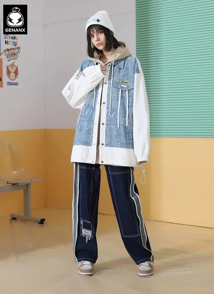 Contrast Color Graffiti Letter Print Trim Tape Faux Two-Piece Jacket