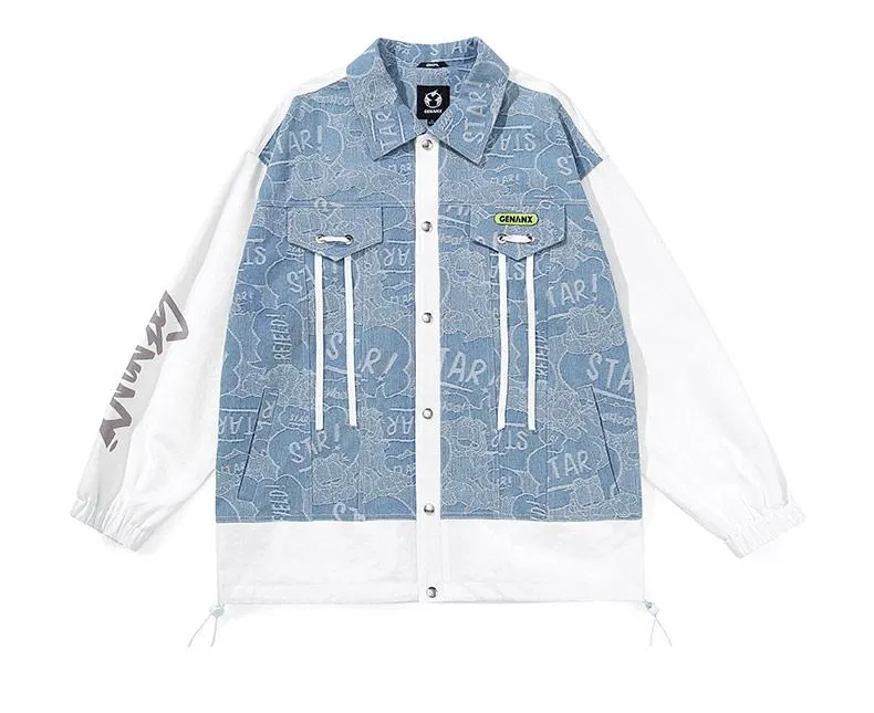 Contrast Color Graffiti Letter Print Trim Tape Faux Two-Piece Jacket