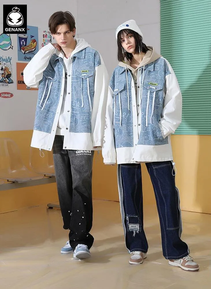 Contrast Color Graffiti Letter Print Trim Tape Faux Two-Piece Jacket