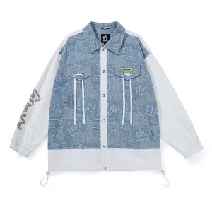 Contrast Color Graffiti Letter Print Trim Tape Faux Two-Piece Jacket