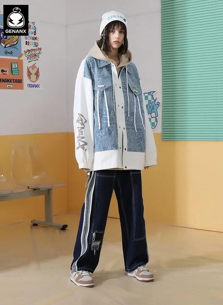 Contrast Color Graffiti Letter Print Trim Tape Faux Two-Piece Jacket