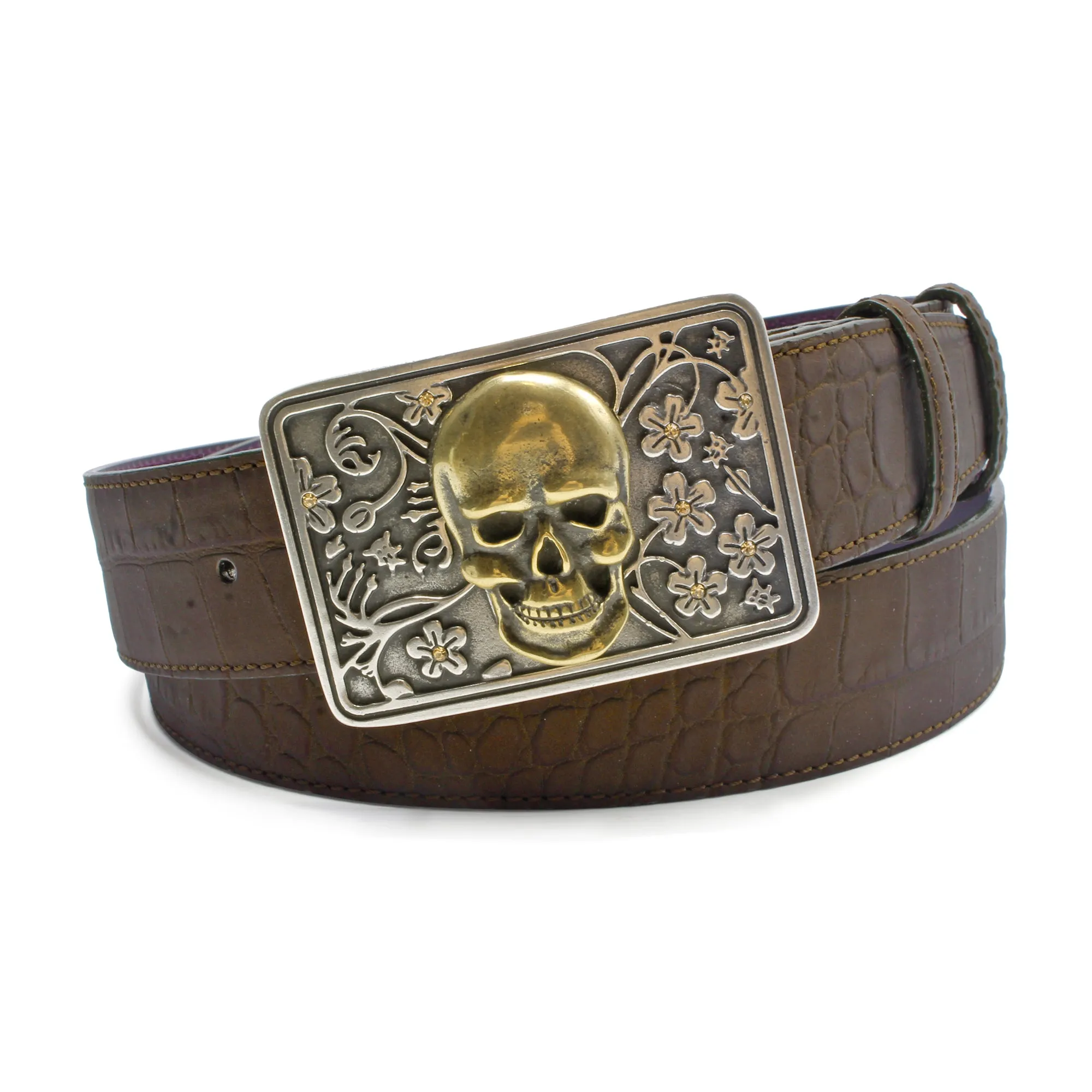 Copper Bacodor Mock Croc Swirl Skull Plate Belt