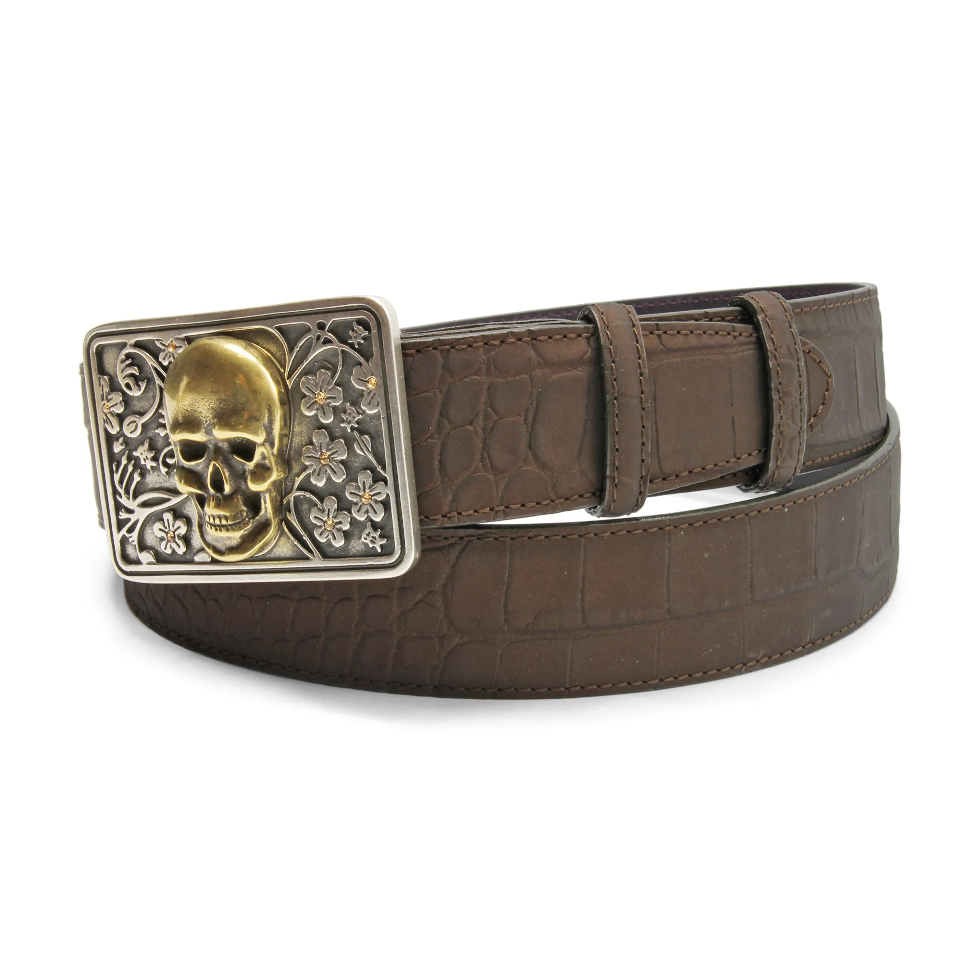 Copper Bacodor Mock Croc Swirl Skull Plate Belt