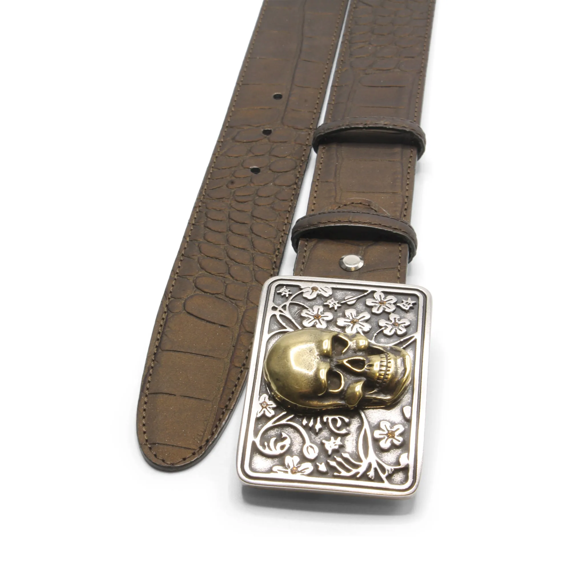 Copper Bacodor Mock Croc Swirl Skull Plate Belt
