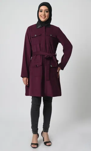 Corduroy Fabric Jacket – Adjustable Belt, Chest & Waist Pockets, Full Sleeves