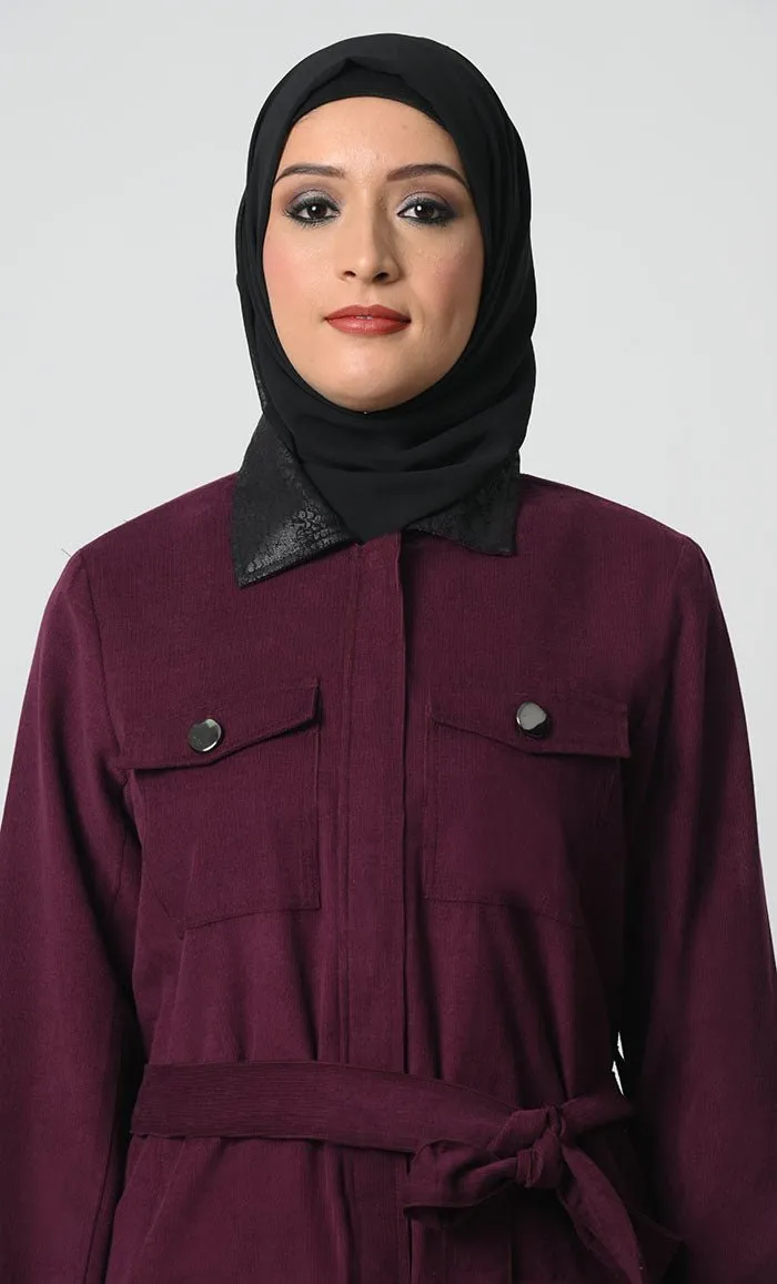 Corduroy Fabric Jacket – Adjustable Belt, Chest & Waist Pockets, Full Sleeves