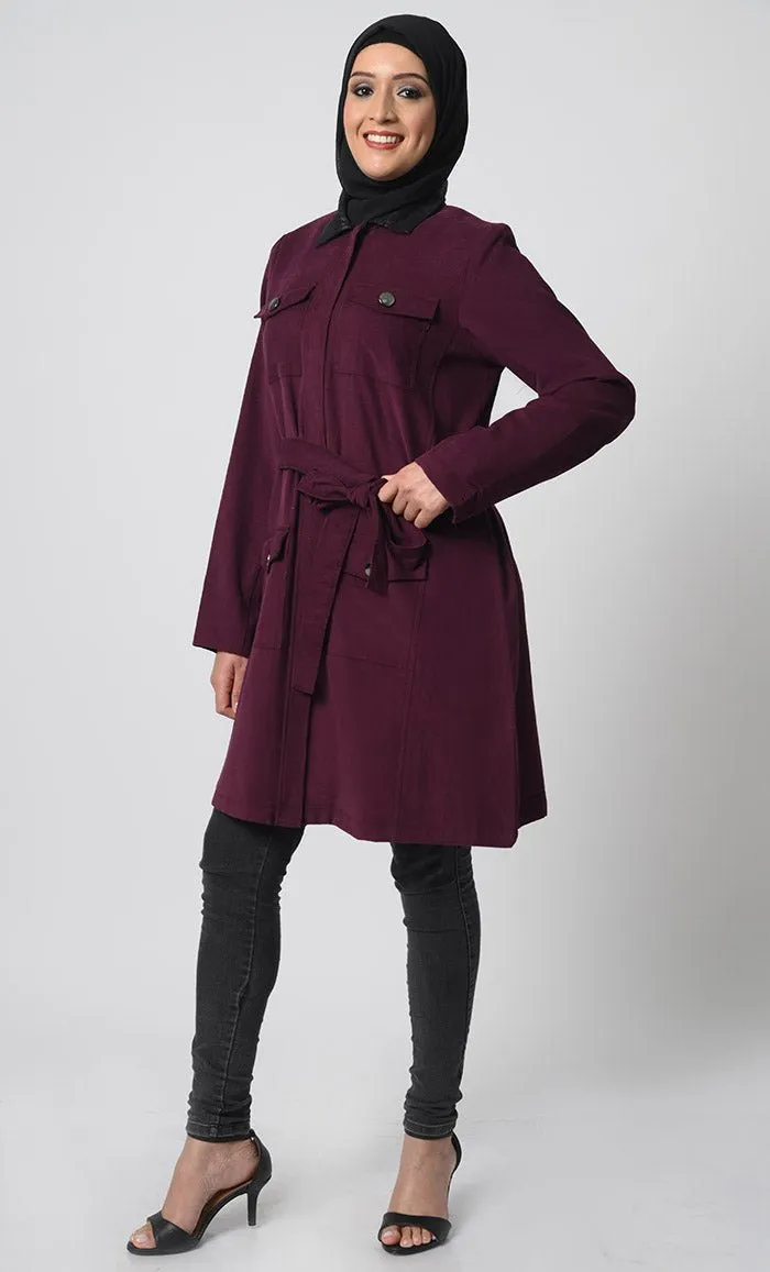 Corduroy Fabric Jacket – Adjustable Belt, Chest & Waist Pockets, Full Sleeves