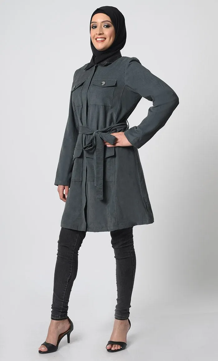 Corduroy Jacket – Zipper Front, Adjustable Belt, Full Sleeves, Dual Chest & Waist Pockets