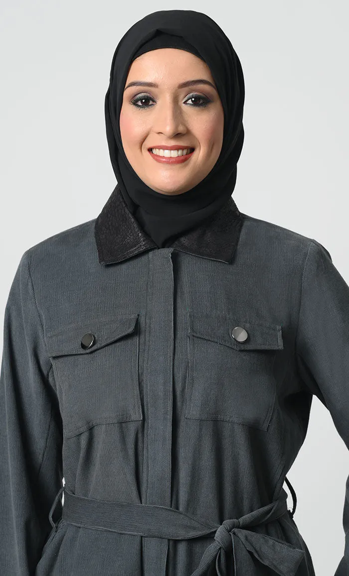 Corduroy Jacket – Zipper Front, Adjustable Belt, Full Sleeves, Dual Chest & Waist Pockets