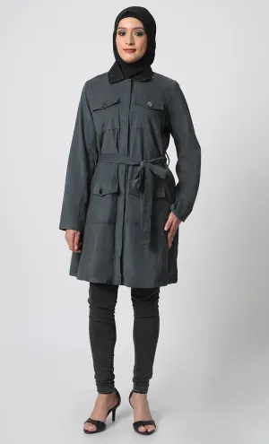 Corduroy Jacket – Zipper Front, Adjustable Belt, Full Sleeves, Dual Chest & Waist Pockets