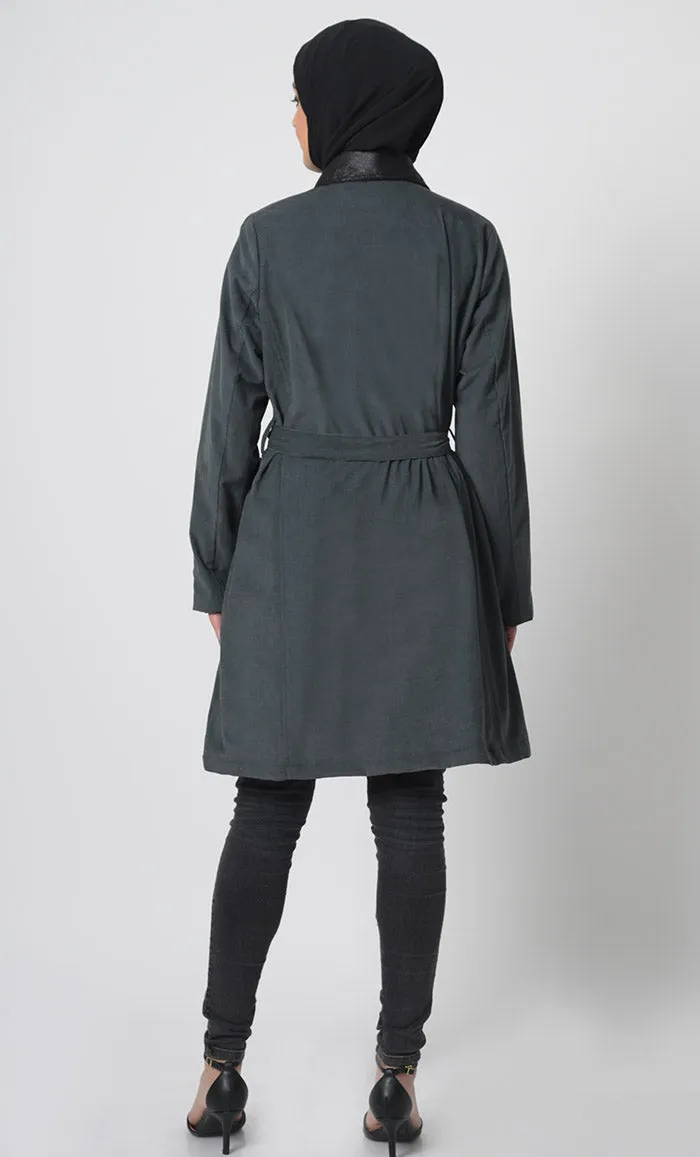 Corduroy Jacket – Zipper Front, Adjustable Belt, Full Sleeves, Dual Chest & Waist Pockets