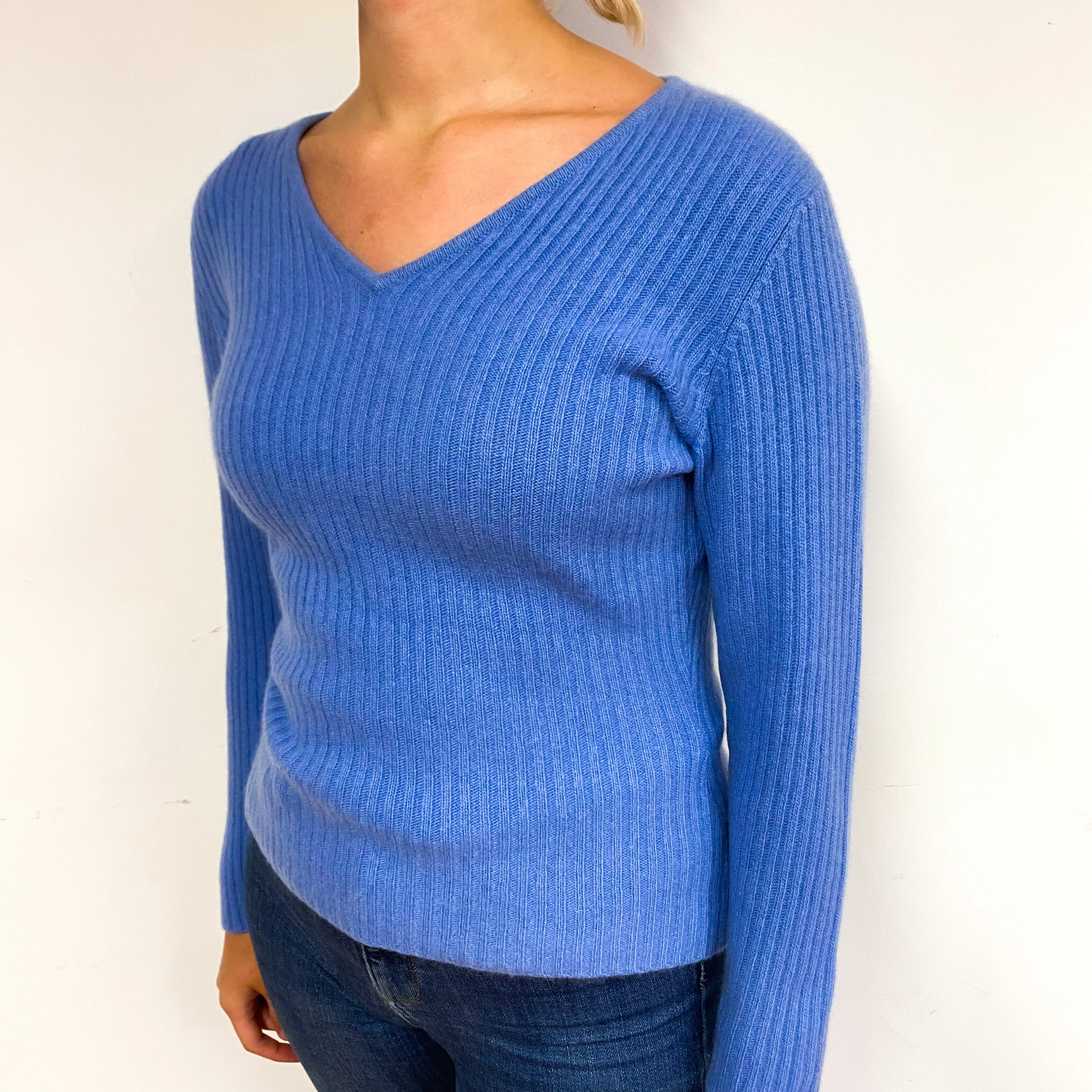 Cornflower Blue Ribbed Cashmere V-Neck Jumper Small