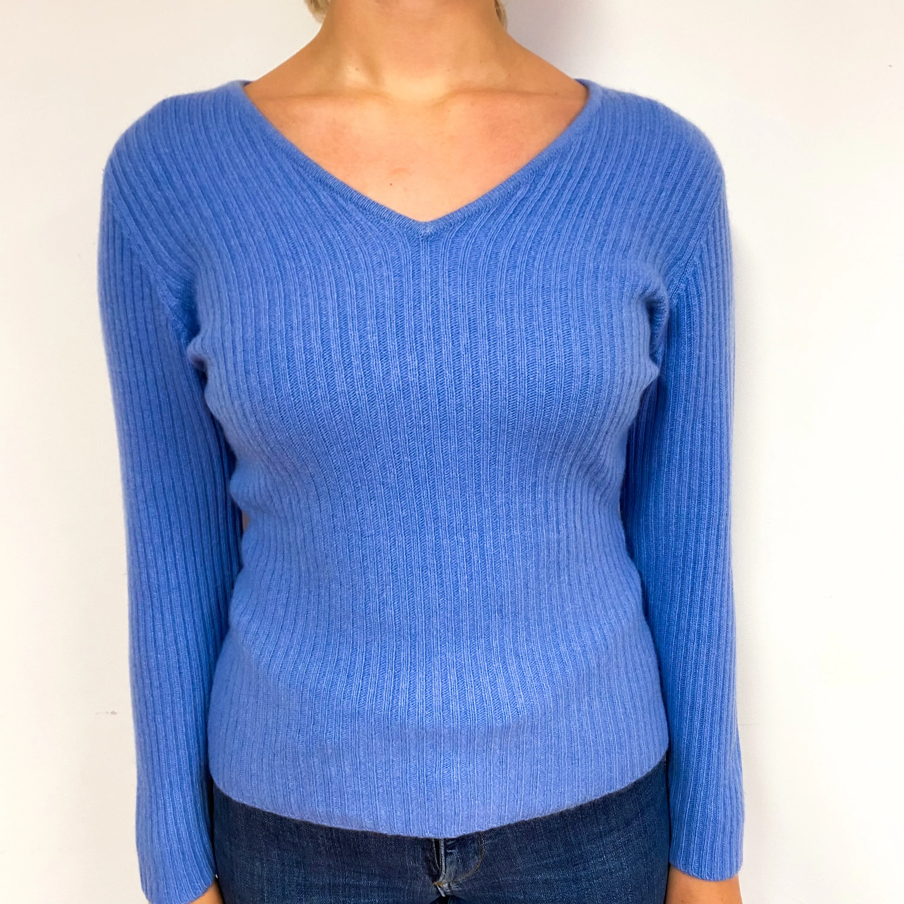 Cornflower Blue Ribbed Cashmere V-Neck Jumper Small