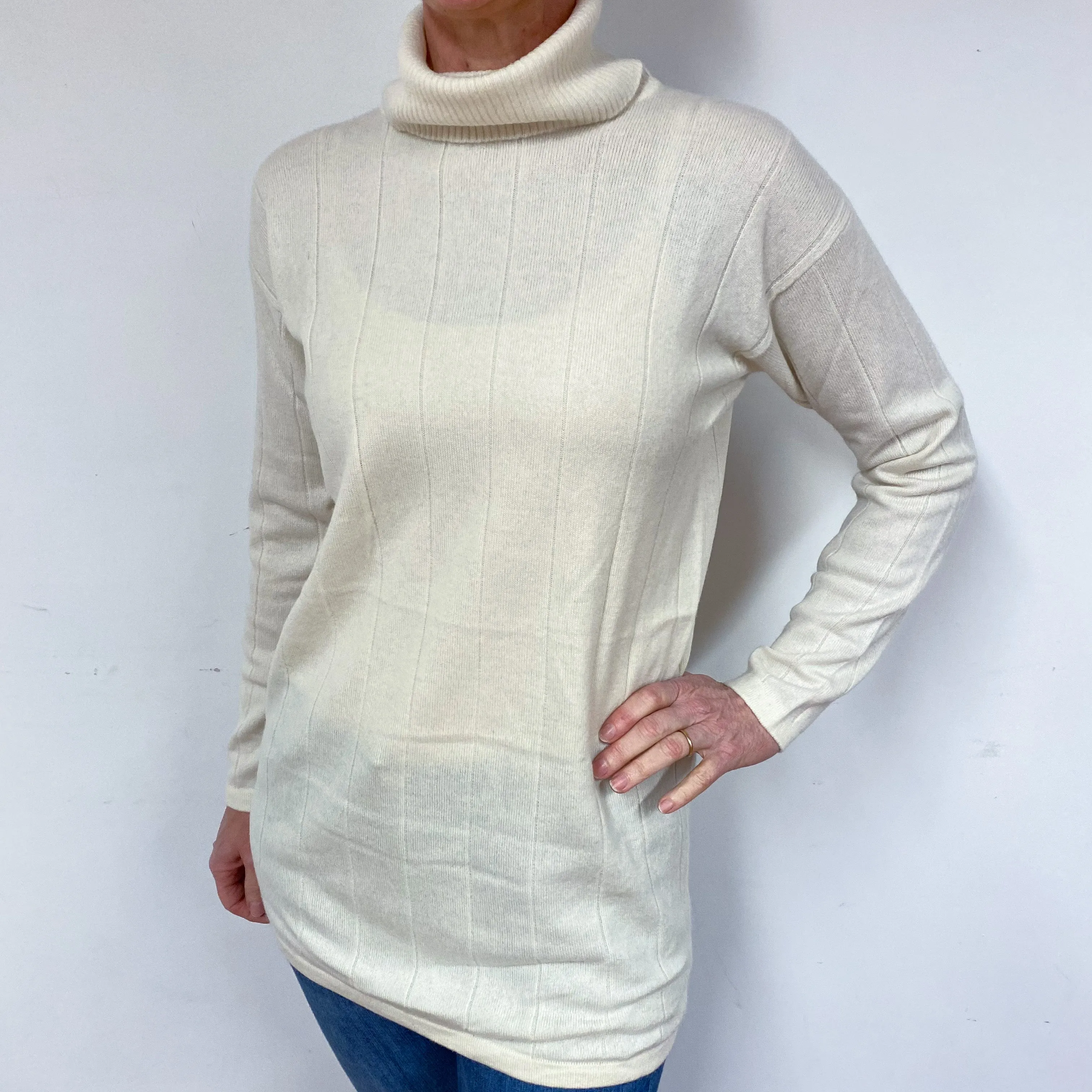 Cream Longline Cashmere Polo Neck Jumper Medium