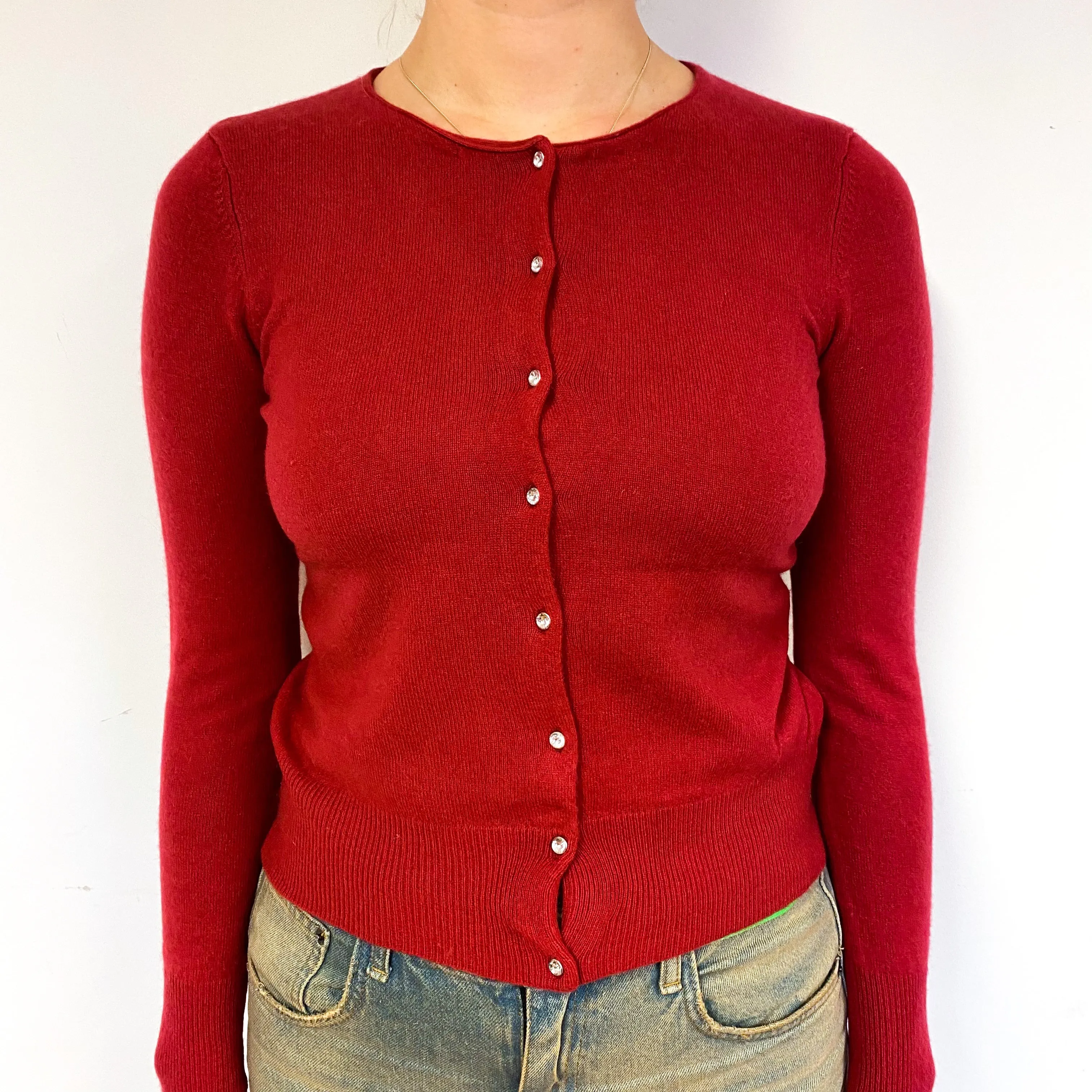 Crimson Red Cashmere Crew Neck Cardigan Small