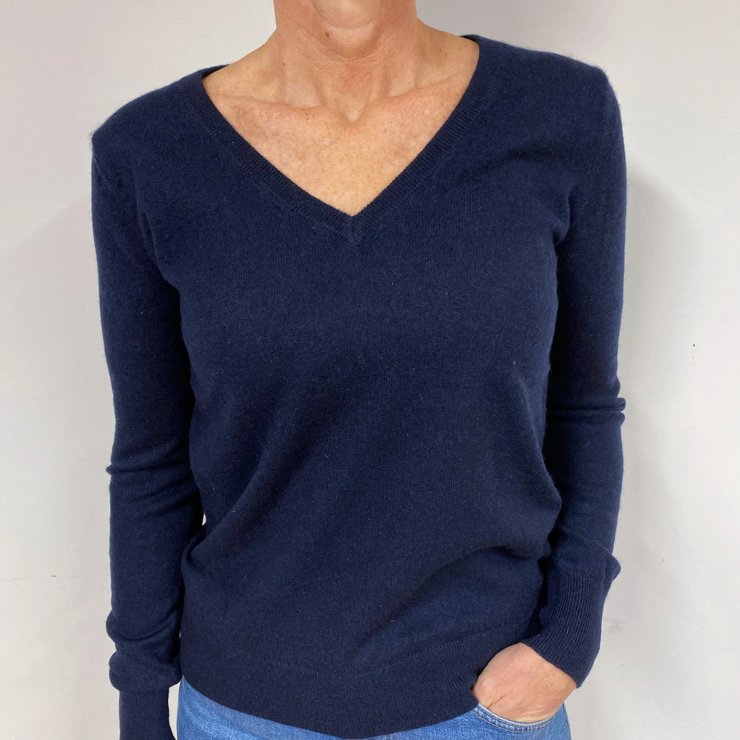 Dark Navy Blue Cashmere V-Neck Jumper Medium