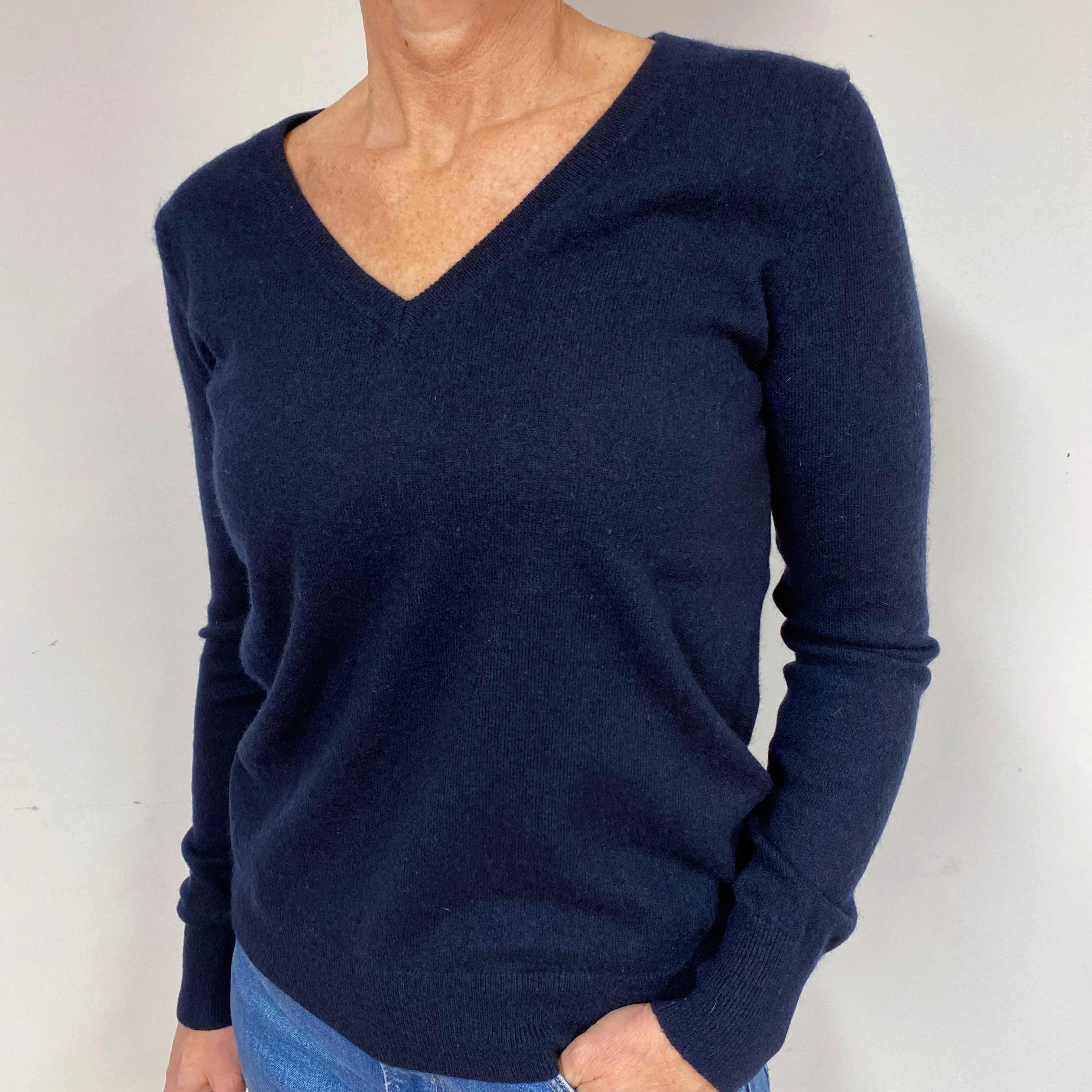 Dark Navy Blue Cashmere V-Neck Jumper Medium