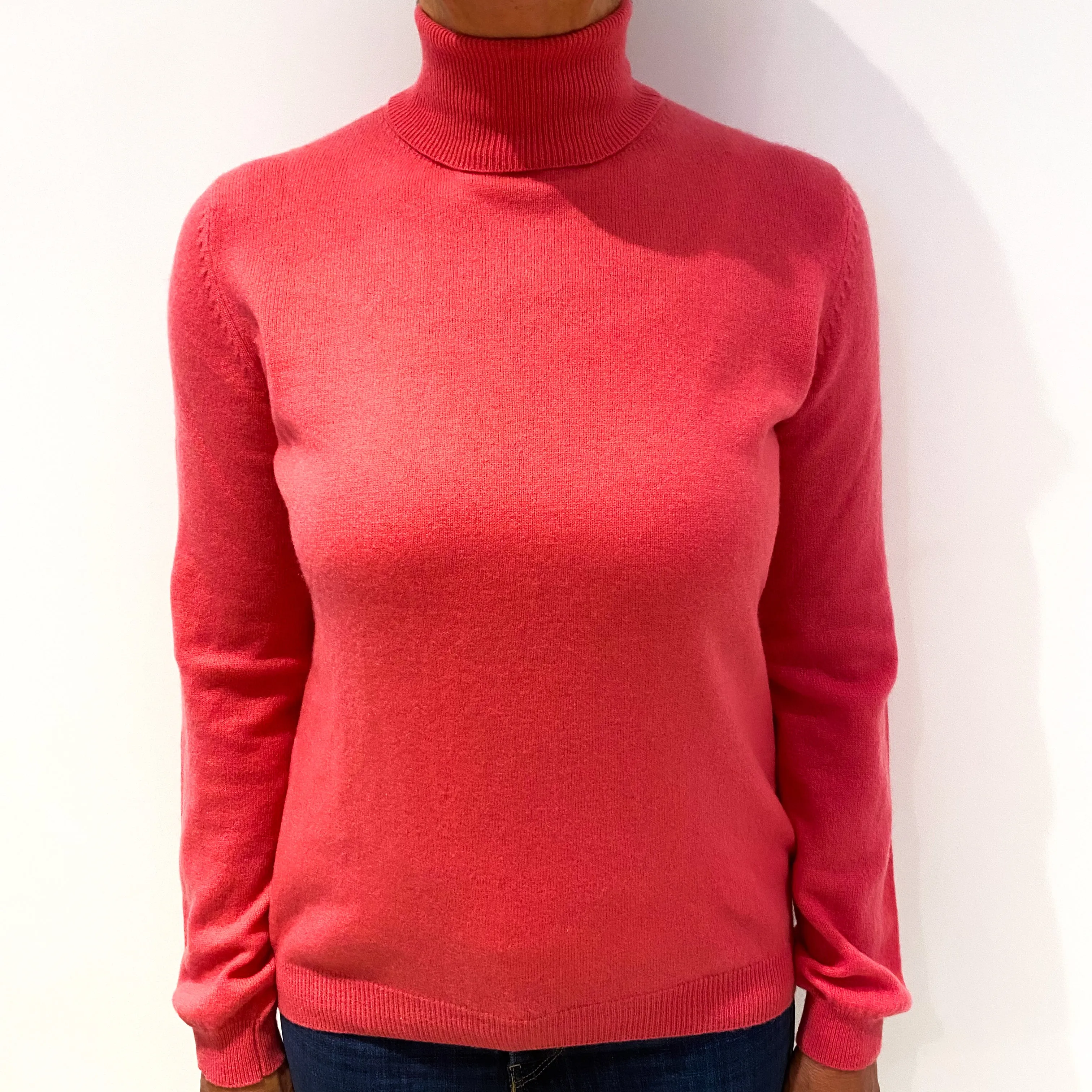 Deep Coral Pink Cashmere Polo Neck Jumper Medium