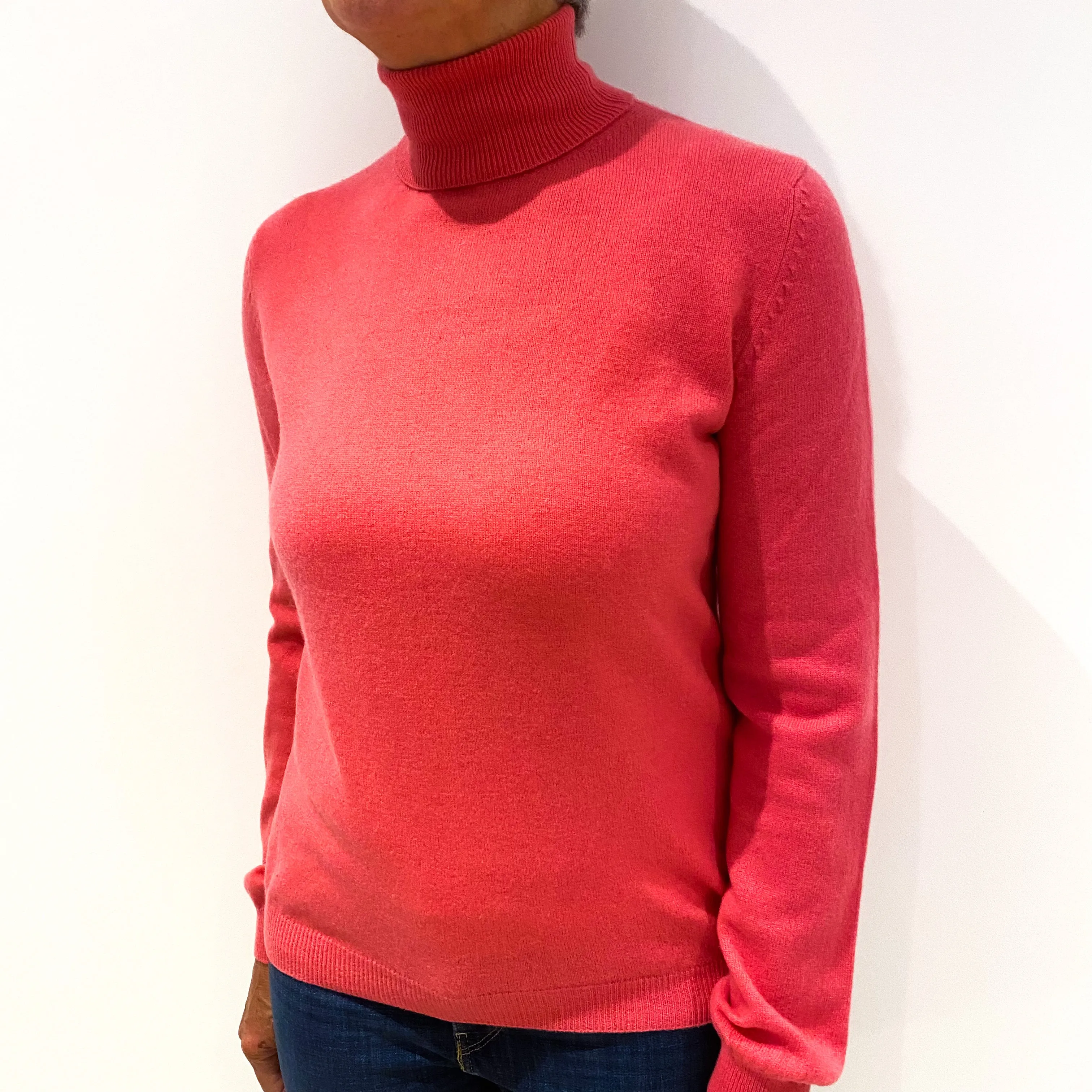 Deep Coral Pink Cashmere Polo Neck Jumper Medium