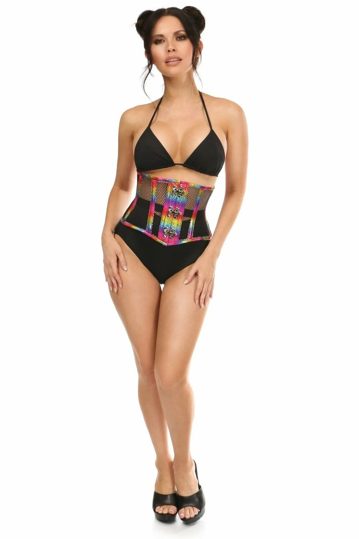 Deluxe Rainbow Glitter PVC Steel Boned Mini Cincher with Clasps