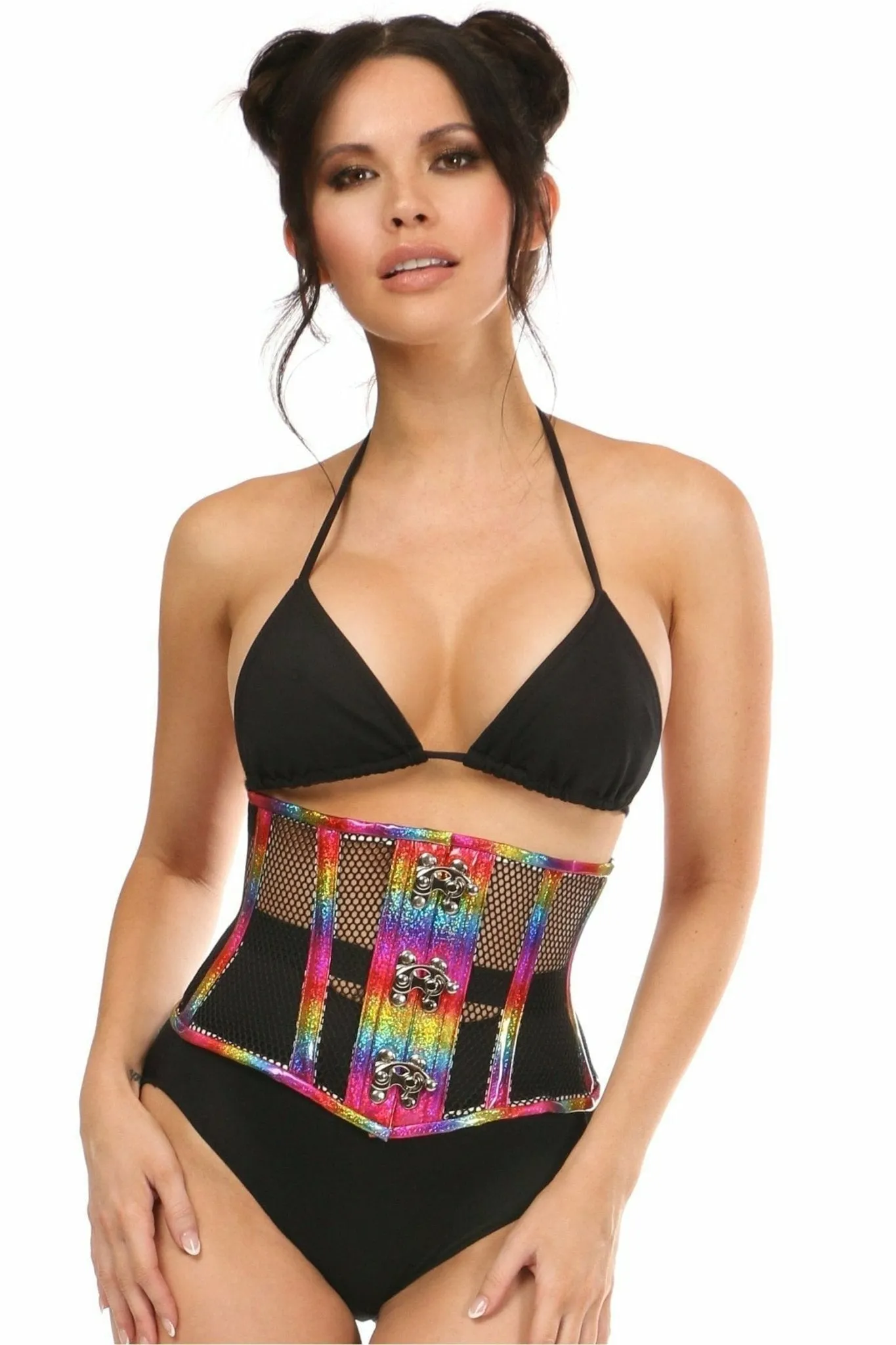 Deluxe Rainbow Glitter PVC Steel Boned Mini Cincher with Clasps