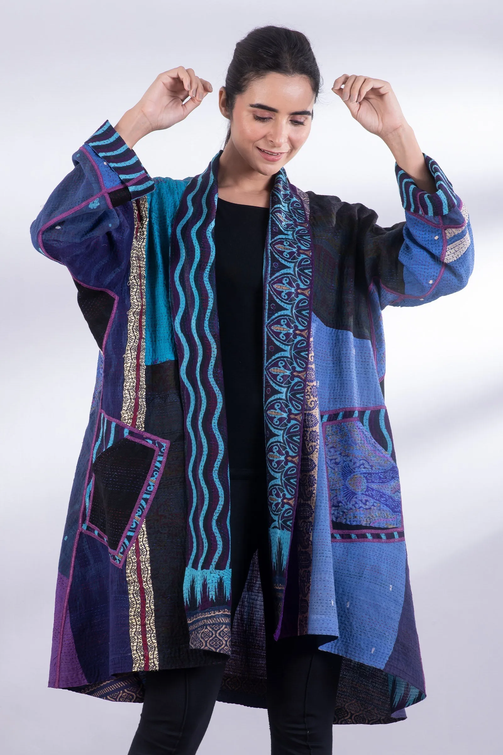 DESERT WAVES KANTHA KIMONO LONG JKT - dw2005-blu -