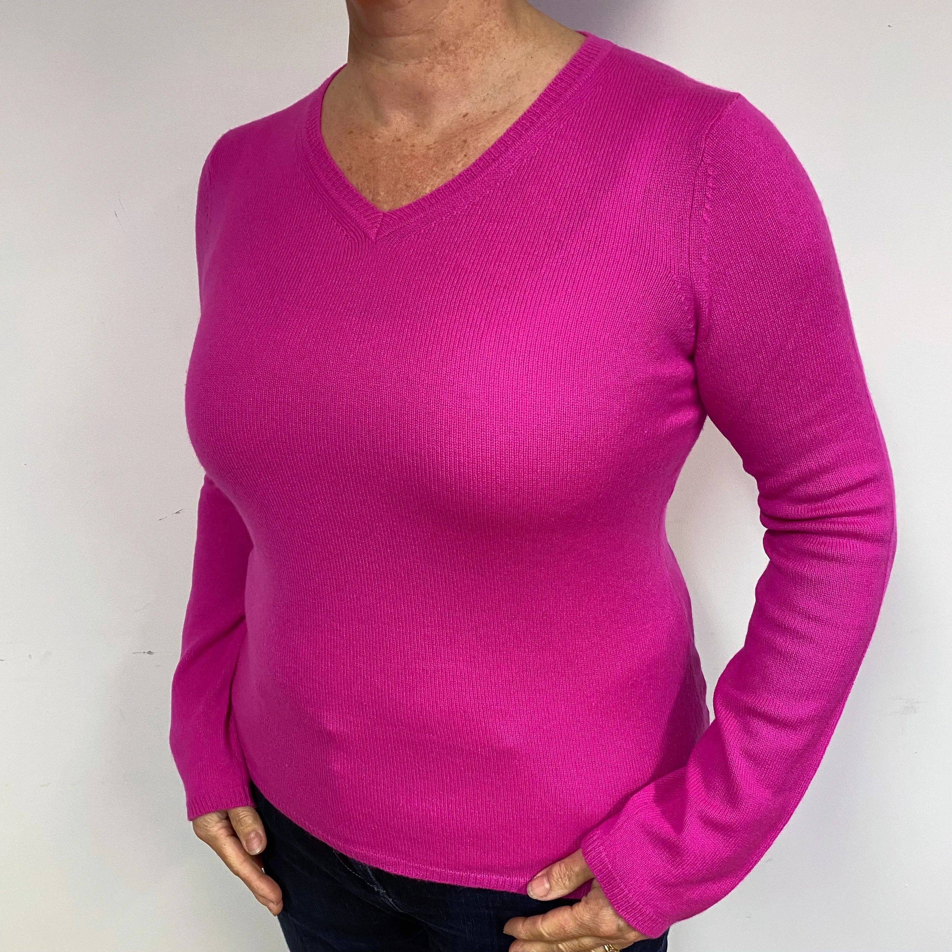 Electric Pink Cashmere V-Neck Jumper Large