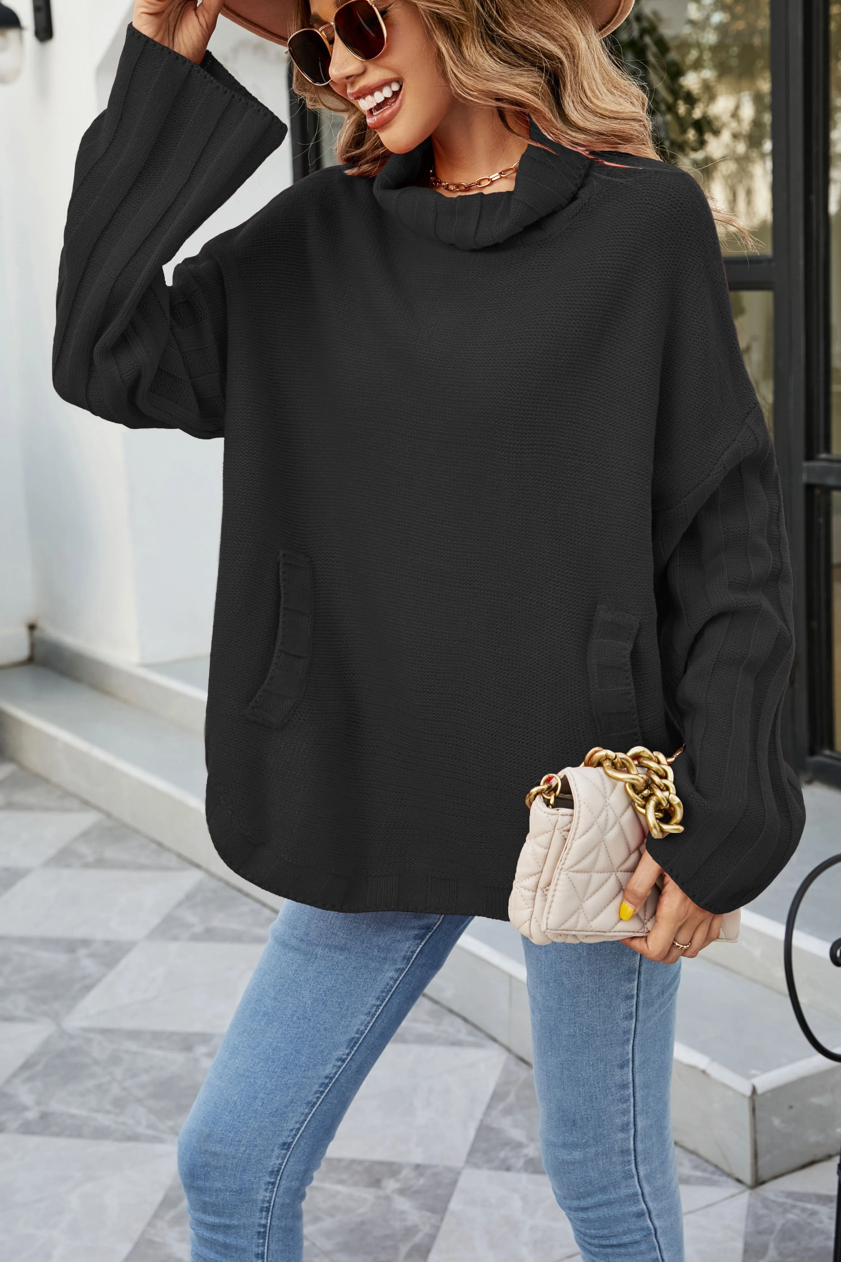 elveswallet Oversized Turtleneck Kangaroo Pocket Knit Sweater