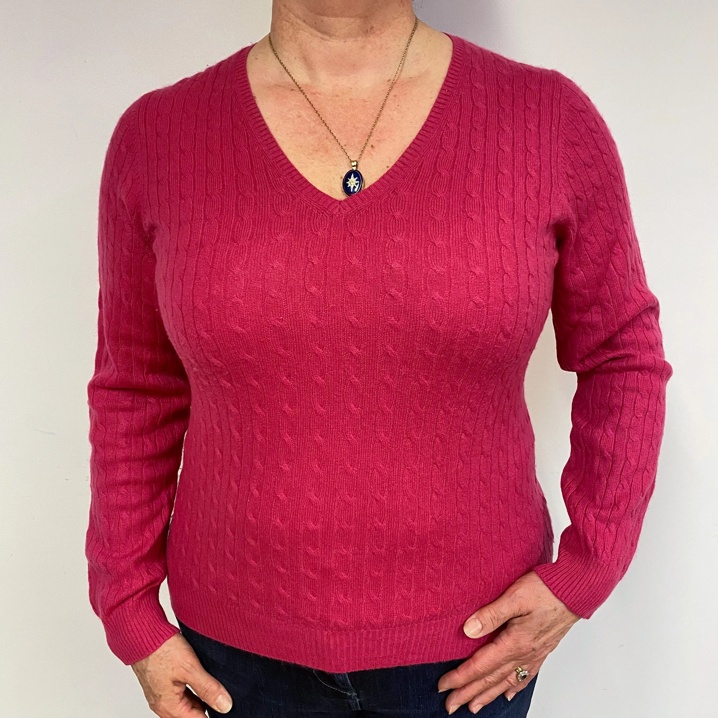 Fuchsia Pink Cable Cashmere V-Neck Jumper Large