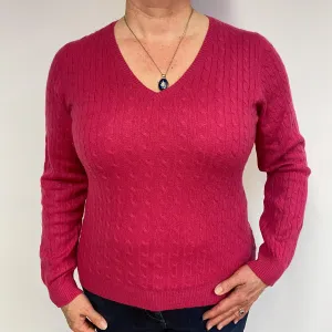 Fuchsia Pink Cable Cashmere V-Neck Jumper Large