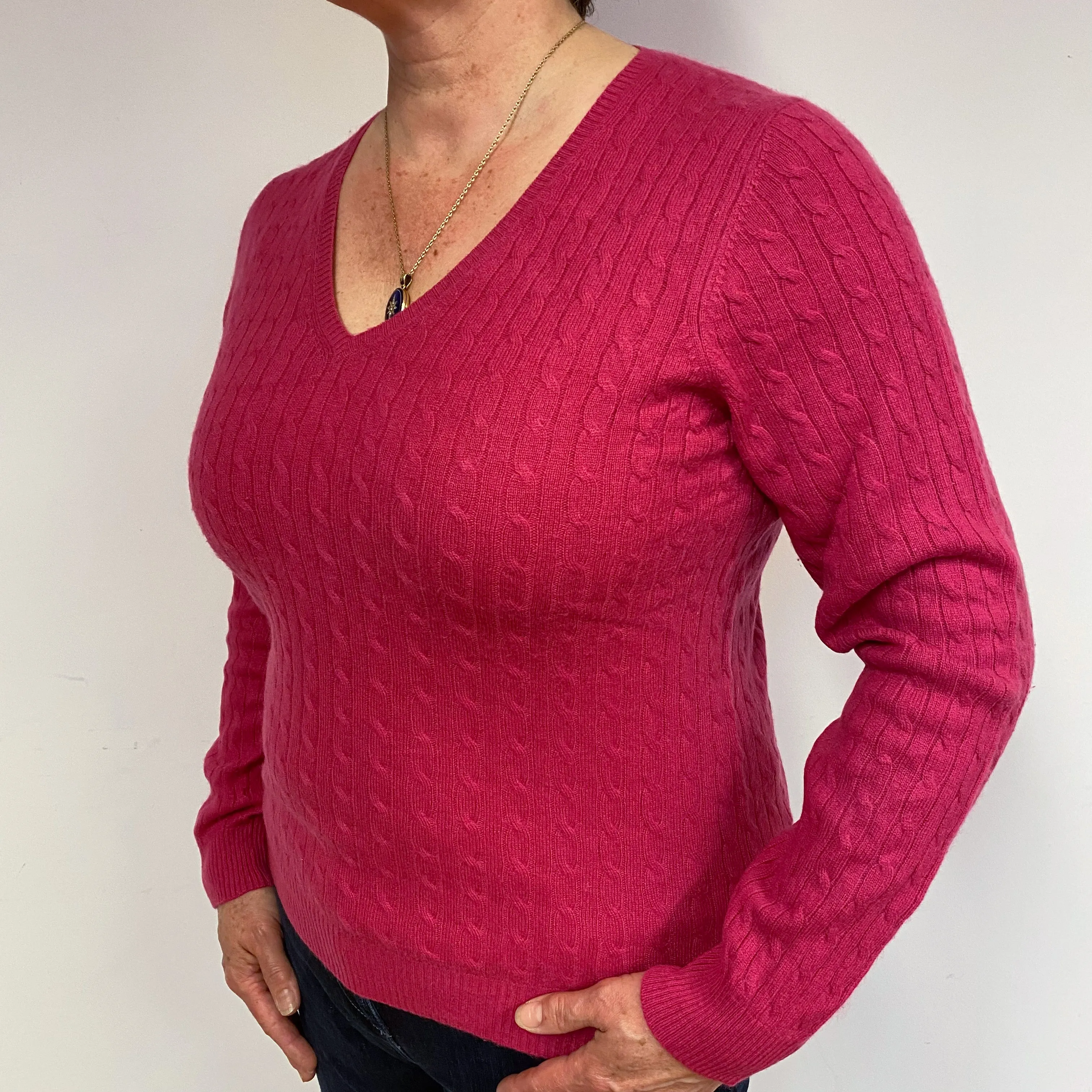 Fuchsia Pink Cable Cashmere V-Neck Jumper Large