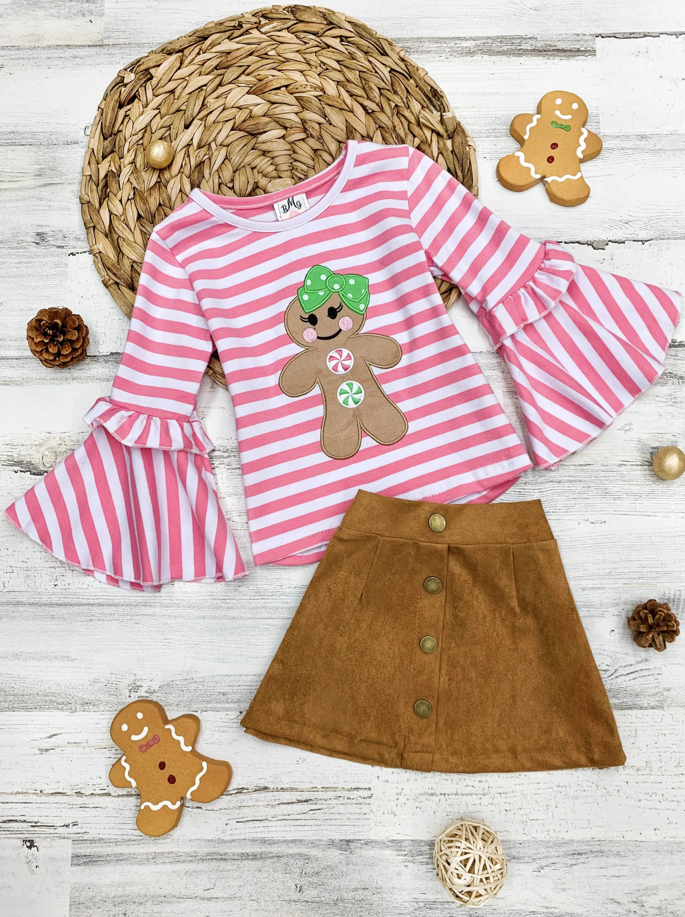 Girls Striped Gingerbread Girl Top and Faux Button Skirt Set