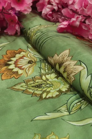 Green Digital Printed Velvet Floral Design Fabric ( 1 Mtr )