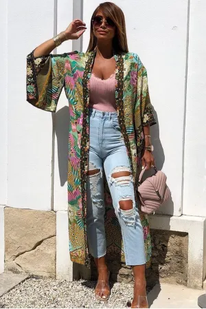 GREEN ORIENTAL FLORAL PRINT KIMONO BLOUSE